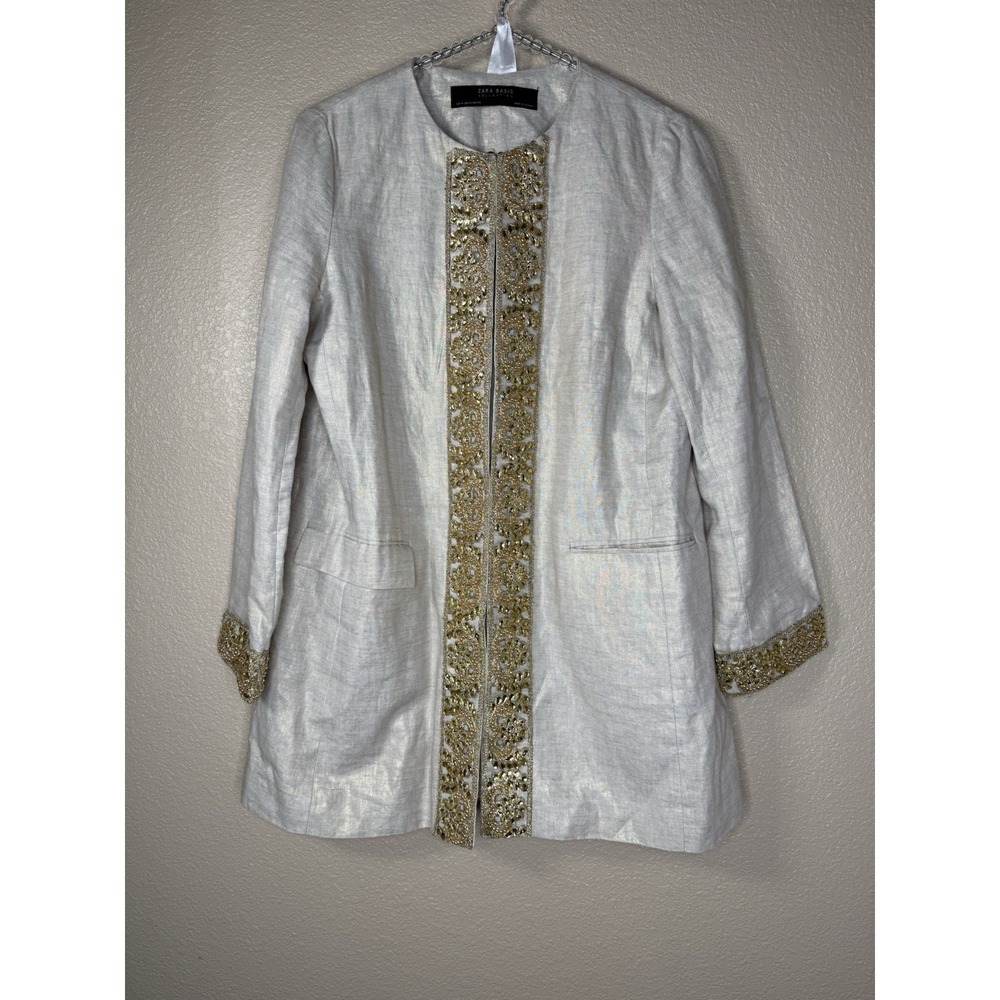 Zara Basic Metallic Gold Jacket Sz M Beaded Embellished  Boho Chic Blazer